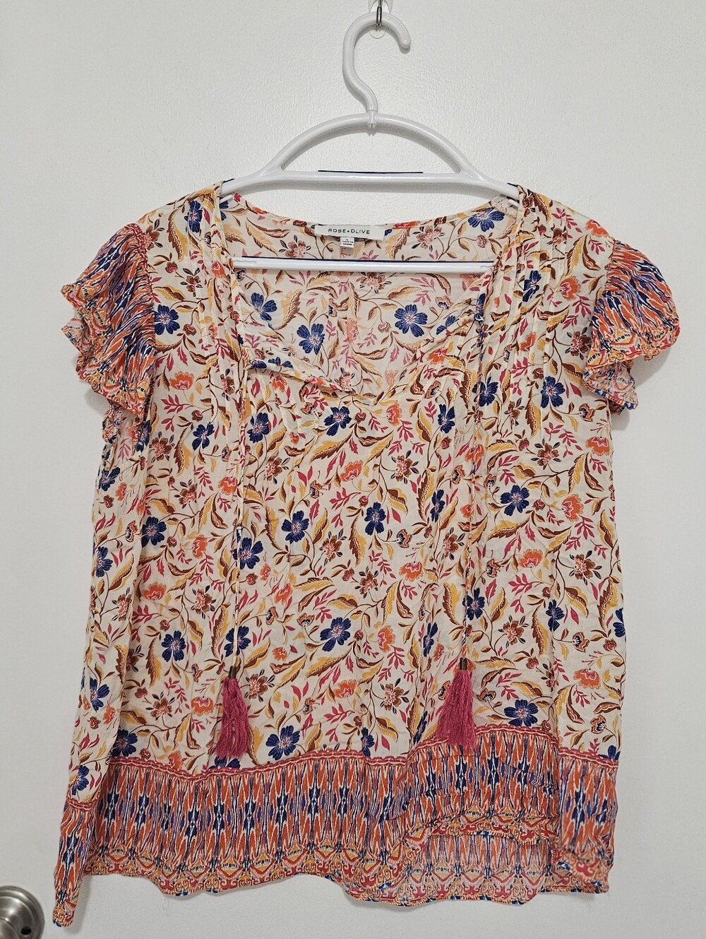 Rose & Olive Cream Floral Tassel Blouse with Navy & Pink Accents Size Large